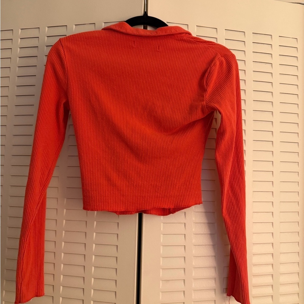 Urban Outfitters Ruched Ribbed Collared Top – Bright Orange – S - Picture 2 of 3